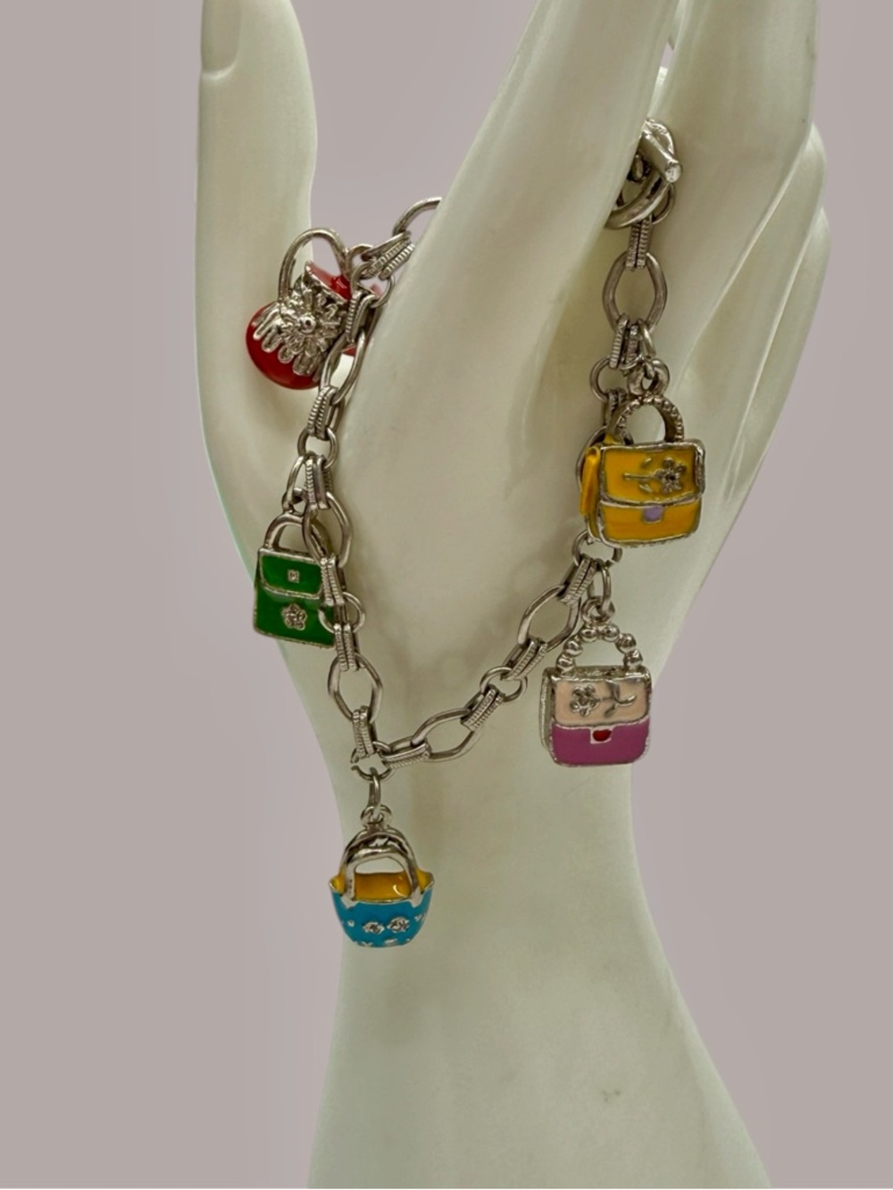 Purse Charm Bracelet- Colorful Enamel Silver Chain Handbag Bracelet